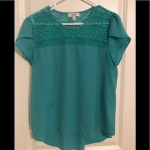 Cute teal/aqua top with lace detail on neck